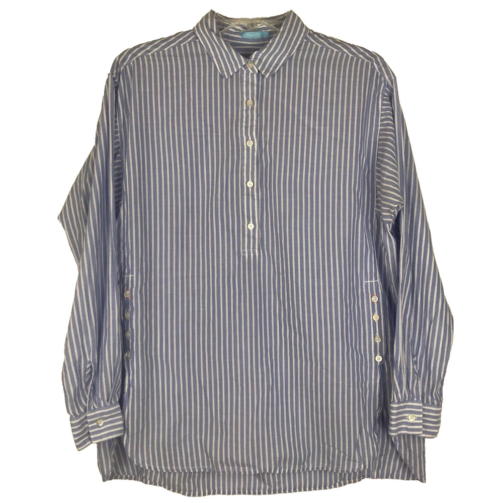 J McLaughlin Tunic Top Oversized Fit Collar Long Sleeve Blue White Stripe Medium